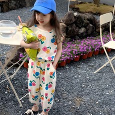 女童復古滿版花朵印花短袖上衣+鬆緊長褲套裝