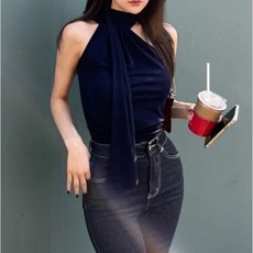발리걸 여성 홀터넥 끈 포인트 나시 티셔츠