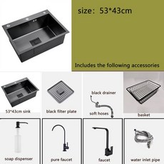 블랙 싱글 주방 싱크대 야채 세척 세면대 스테인리스 스틸 피아 배수구, 08 53X43CM faucet A
