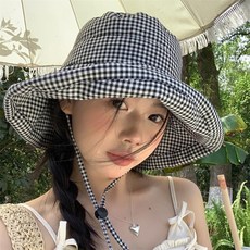 여성 체크무늬 와이드 버킷햇 봄여름 가을 자외선 차단 데일리 모자
