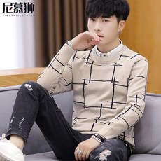 마인드에프 가을겨울용 페이크니트 남성 긴팔 풀오버 터틀넥 니트 한국판 슬림 페이크카라 라인외세트