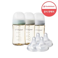 더블하트 모유실감 3세대 PPSU 모먼트 트리플팩 240ml+젖꼭지(4입), 트리플팩 (새벽그레이&오후의베이지&지금그린), 3세대 젖꼭지M