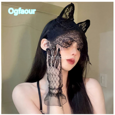 Ogfaour 블랙섹시캣귀머리띠 여 레이스마스크 안대 가림망사 머리장식 A23082104