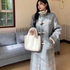 여성 블루 체크 떡볶이 모직 롱 코트 칼라 오버핏