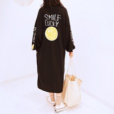 빅걸스토리 빅사이즈 여성 스마일 럭키 루즈핏 트임 롱 원피스