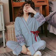 무생채 기모노 유카타 잠옷 세트 일식과 파자마 긴 팔 옷 순면 빅 사이즈 여자