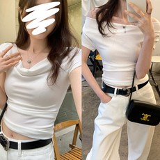 드레이프 일자형넥 오프숄더 셔링 반팔 티셔츠