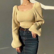스퀘어넥 퍼프 골지 니트