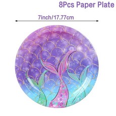 인어 파티 다채로운 쉘 일회용 식기 여름 해변 바다 밑 작은 소녀 생일 장식, 7inch 8pcs plate, 1개