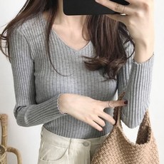 여자 긴팔티 골지 니트티 티셔츠 여성 브이넥