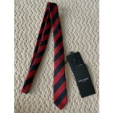 NWT Saint Laurent YSL Red Black Striped Skinny Polyester Silk Neck Tie $225