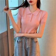 레이몰 POLO 에어매쉬 니트 반팔 숏 하이웨스트 여름옷 얇은 블랙 카라넥 여성
