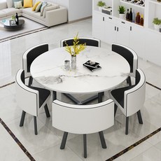 6인용 원형 식탁 세트 6인 테이블 타원형 벤치형, 흑백 대리석 + 흑백 가죽