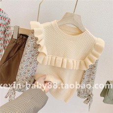 유아 키즈 어린이 아동 옷 남아 여아 상하복 아동복 가을 품 플라워 퍼프소매 배색 목제 귀달이 니트 라운드