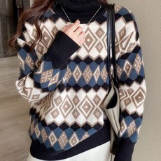 타니즈 로운 터틀넥 아가일 여성 니트 티