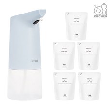 라이프썸 자동 거품 손세정기+주방세제 5개 베이킹소다 주방세제 리필 세제 디스펜서, 블루+주방세제 5EA