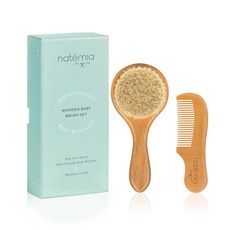 Natemia Wooden Baby Hair Brush and Comb Set for New Natemia 모두 및 모두용 나무 모두 헤어 브러시 및 빗 세트 - 요람 모자에 적합, 3 Piece Set, 1개