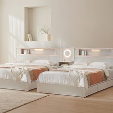 프린홈 몰리 LED 편백나무 템바보드 슈퍼싱글/퀸 침대프레임+양봉합 독립매트, 화이트