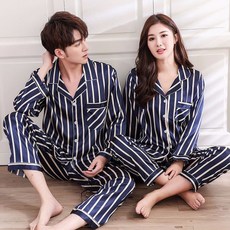 갓샵 실크 커플 수면 잠옷 상의+하의 SET! [신혼부부 선물 파자마 홈웨어 남자여자 빅사이즈 스트라이프 남성여성 슬립웨어]