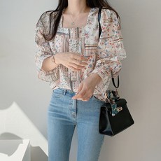 스퀘어넥 기하학 에스닉 스타일 슬리브 블라우스