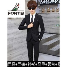 FORTEI 동 철 양복 세트 남자 3 종 한국 판 슬 림 청소년 정장 학생 캐 주 얼 결혼 트 렌 디 블랙 1 단 추 + 바지 셔츠 조끼 넥타이 벨트 S (100 근 이하)