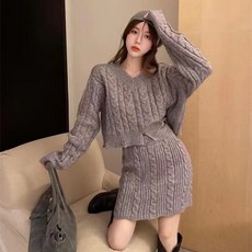 풀리브스 여성 스웨터 스타일리시 루즈핏 브이넥 가을 겨울 랩스커트 니트 스커트 투피스