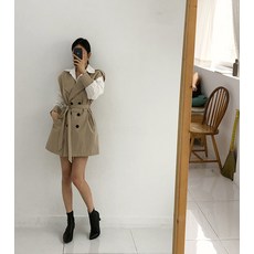 더감 봄신상 배색 벨트 트렌치 조끼 화이트 루즈핏 박시핏 오버핏 롱셔츠원피스 바바리 셋트 세트 셋업