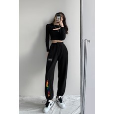 무지개 레터링 트레이닝 팬츠 와이드 슬림 조거 팬츠 캐주얼-65357