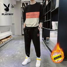 플레이보이 아우터 남성 세트 기모 2020 가을·겨울 신형 한판 트렌드 캐주얼 투피스 코디웨어 러닝 유스 남성복 멋스러움 a535-블랙 기모 tz203 m