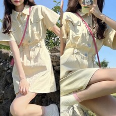카라 심플 빅포켓 캐주얼 허리라인 원피스