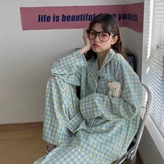 울랄라 파자마 여성용 귀여운 만화 편안한 체크무늬 프린트 긴팔 상의 라운지웨어 봄 개 홈웨어
