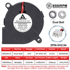 Gdstime-DC 5V 12V 24V 50x50x15mm 볼 베어링 2 핀 방사형 팬 5015 터보 송풍기 5cm 50mm 라디에이터 3D 프린터 냉각 개입, [02] 5 Pcs 5015 blower, 24V 2Ball 8500RPM, 1개
