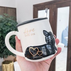 입체 구호 고양이 세라믹 컵 뚜껑 숟가락 물 컵 만화 예술 작은 신선한 남녀 학생 커플 컵 스벅머그컵 일산수입그릇 각인맥주잔, 흰색 컵에 검은 고양이