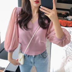 세라 긴팔 소매 시스루 쉬폰 여성 브이넥 니트