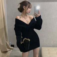 포린박스 오프숄더 브이넥 슬림 골지 니트 미니 원피스 SH