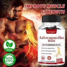Ashwagandha 뿌리 및 인삼 뿌리 보충제 - 스트레스 감소 피로 완화 면역력 지구력 에너지 근육 성장 및 체력 향상을 향상시킵니다., 1개, 120정