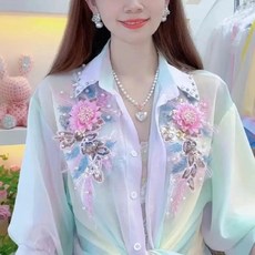 아랑고고장구 공연복 난타복 고고장구 의상 난타 댄스복 줌바 시스루 쉬폰 블라우스 자수