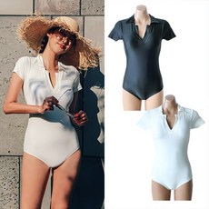 비치팜 스포티 오픈카라 반팔 모노키니 노와이어 원피스 수영복 LSMB-377, 블랙