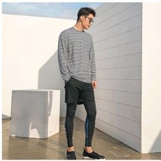  남성용 루즈핏 스트라이프 오버핏 래쉬가드 상의 + 하의 세트 AE6210, 화이트(상의), 블랙(하의) 