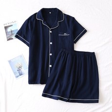 커플 잠옷 홈웨어 파자마 세트 일본 여름 여성 정장 코튼 크레이프 단색 심플 반팔 셔츠 반바지