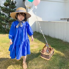 미소파파 여아 봄 블루레인 롱 원피스 퍼프 언발란스 클래식블루 드레스
