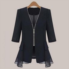 [Myshe]정장자켓 여름 여성 반팔 루즈핏 시스루 슬림 숏자켓, XL, 블랙