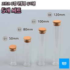 힘찬쇼핑_ 코르크 마개 타입 일자형 유리통 5개 세트 4종 ( 50mm 80mm 100mm 120mm) 인테리어소품 액세서리보관병 DP용유리병 인테리어용유리병 다용도유리병, 5개입