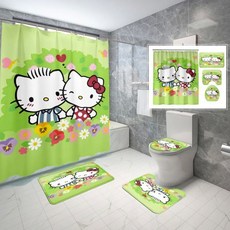 산리오 헬로 키티 인쇄 방수 샤워 커튼 세트 미끄럼방지 러그 변기 뚜껑 커버 목욕 매트 12 후크 포함 70x70 인치 1/4 피스 2167348, 1피스 Shower Curtain, 4, 1개
