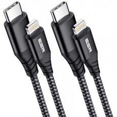 ESR USB C Lightning 케이블 2 병 1m MFi 인증 꼰 나일론 Power Delivery 급속 충전 iPhone 12 / SE / 11