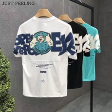 JUST FEEL!NG 여름 청년 남성 반팔 코튼 티셔츠 만화 캐릭터 프린팅 학생 소프트 빅사이즈 티셔츠