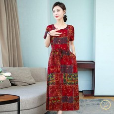 비치 원피스 빅사이즈 해외 중장년 플라워 프린트 반팔 엄마 스커트, 2XL, 옵션14