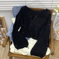 긴소매 망사 메쉬 시스루 보트넥 비대칭스타일 유니크 비키니 커버업 바캉스 휴가 비치웨어, 블랙