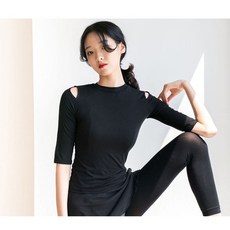  라인댄스복 라틴 여성 사교 댄스복 상의 성인 발레복 한국무용 연습복 홀 티셔츠 블랙 