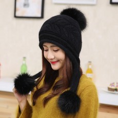 복자샵 폼폼비니 방울비니 귀막이 여성 겨울 가을 스카이 귀달이모자 보온 두꺼운 기모 융 니트모자 토끼